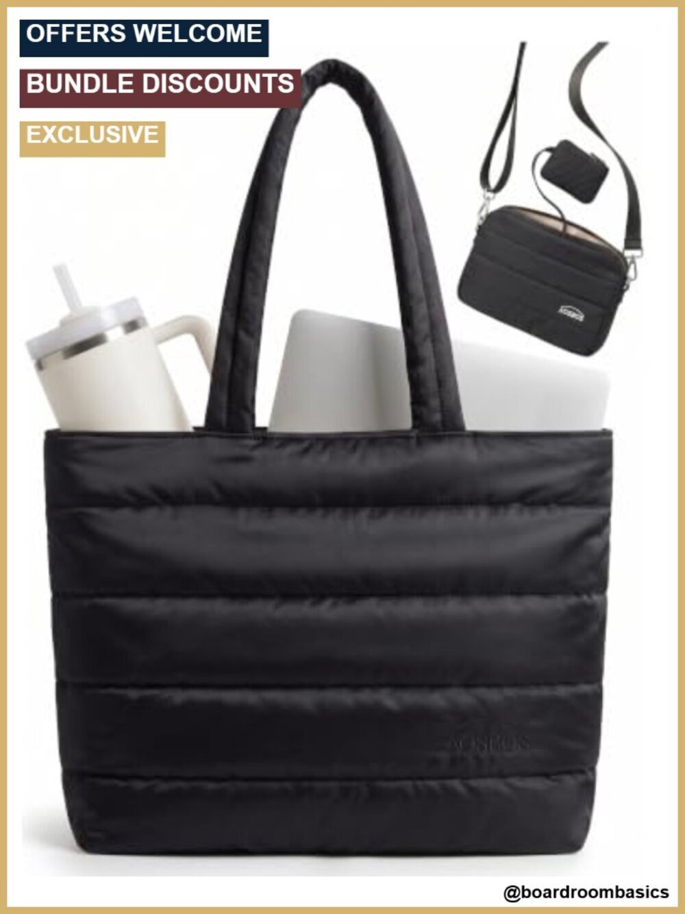 3-Piece Puffer Tote Set for Work, Travel & Gym - Laptop Crossbody & Earbud Pouch